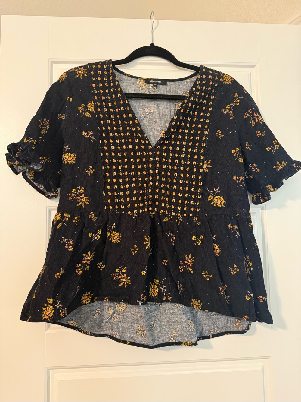 Madewell Women's Black Floral V-Neck Peplum Top